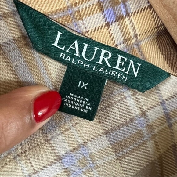 Lauren Ralph Lauren Tan Blue Plaid Wrap Plaid Blouse Womens 1X Long Sleeve - Picture 6 of 12